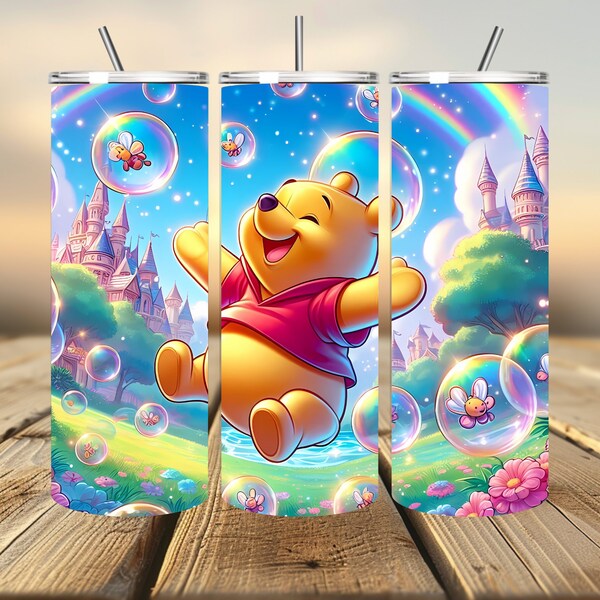 3D Winnie Pooh Tumbler Wrap, Winnie Pooh Bubbles Tumbler Wrap Sublimation Design PNG, 20oz Skinny Straight & Tapered Bubbles Tumbler Wrap