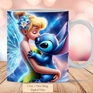 3D Princess Tinkerbell and Stitch Mug Wrap, 3D Stitch Mug Wrap Sublimation Design PNG, Mug 11oz and 15oz Tinker Bell Mug Wrap