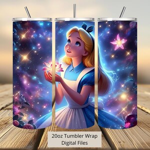 Opakowanie na kubek 3D Alicja w Krainie Czarów Flower Shine, opakowanie na kubek Princess Tumbler Wrap z nadrukiem sublimacyjnym PNG, 20 uncji cienkie, proste i zwężane opakowanie na kubek