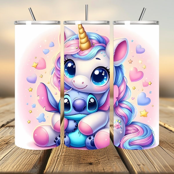 3D Unicorn and Stitch Tumbler Wrap, Unicorn Tumbler Wrap Sublimation Design PNG, 20oz Skinny Straight & Tapered Stitch Tumbler Wrap