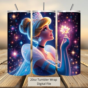 3D Princess Cinderella Shine Flower Tumbler Wrap, Princess Tumbler Wrap Sublimatie Design PNG, 20oz Skinny Straight & Taps toelopende Tumbler Wrap