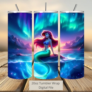 3D Ariel im Meer Tumbler Wrap, Nermaid Neon Tumbler Wrap Sublimation Design PNG, 20oz Skinny Straight & Tapered Princess Ariel Tumbler Wrap