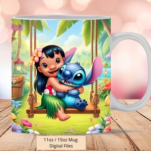 Lilo 3D y Stitch en envoltura de taza de jardín, diseño de sublimación de envoltura de taza Lilo 3D PNG, envoltura de taza de puntada de taza de 11 oz y 15 oz