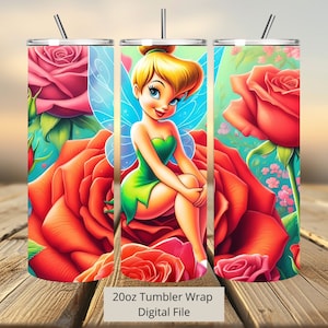 3D Cute Fairy in Red Rose Tumbler Wrap, Princess Tumbler Wrap Sublimation Design PNG, 20oz Skinny Straight & Tapered Tinkerbell Tumbler Wrap