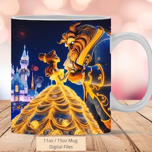 Involucro tazza 3D Belle e Bestia, involucro tazza 3D sublimazione Design PNG, tazza da 11 once e 15 once Involucro tazza Principessa Belle, download istantaneo di file digitali