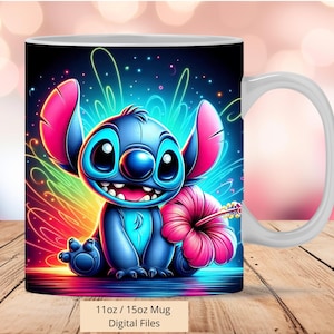 3D Cute Stitch Colorful Flower Mug Wrap, 3D Mug Wrap Sublimation Design PNG, Mug 11oz and 15oz Stitch Neon Mug Wrap, Only Digital Files