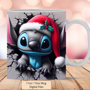 3D Cute Stitch Christmas Cracked Hole Mug Wrap, 3D Mug Wrap Sublimation Design PNG, Mug 11oz and 15oz Stitch Mug Wrap, Instant Digital PNG