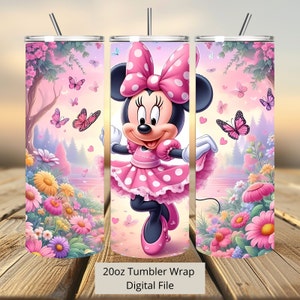 3D Süße Rosa Minnie Blumen Tumbler Wrap, Minnie Schmetterling Tumbler Wrap Sublimation Design PNG, 20oz Skinny Straight & Tapered Tumbler Wrap