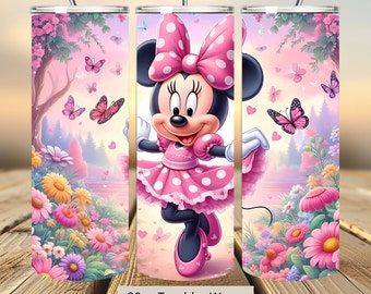 3D Cute Pink Minnie Flowers Tumbler Wrap, Minnie Butterfly Tumbler Wrap Sublimation Design PNG, 20oz Skinny Straight & Tapered Tumbler Wrap