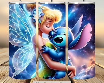 3D Tinkerbell and Stitch Tumbler Wrap, Princess Tumbler Wrap Sublimation Design PNG, 20oz Skinny Straight & Tapered Stitch Tumbler Wrap