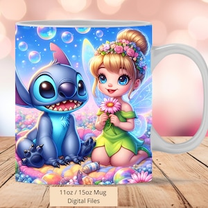 3D Princess Tinkerbell Stitch Bubbles Mug Wrap, 3D Stitch Mug Wrap Sublimation Design PNG, Mug 11oz and 15oz Tinker Bell Flower Mug Wrap