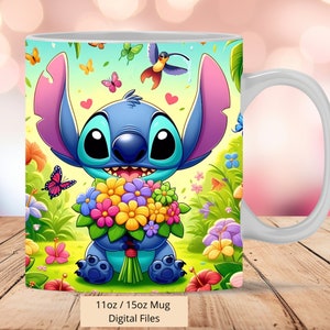 3D Cute Stitch Flowers Tassenfolie, 3D Tassenfolie Sublimation Design PNG, Tasse 11oz und 15oz Stitch Tassenfolie