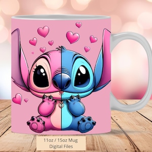 3D Stitch and Angel Love Tassenfolie, 3D Engel Tassenfolie Sublimation Design PNG, Tasse 11oz und 15oz Stitch Mug Wrap, Sofortiger digitaler Download PNG