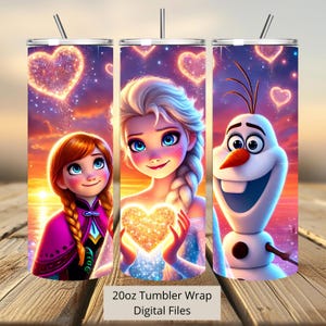 3D Love Elsa Anna en Olaf Tumbler Wrap, Frozen Tumbler Wrap Sublimatie Design PNG, 20oz Skinny Straight & Taps toelopende Princess Tumbler Wrap