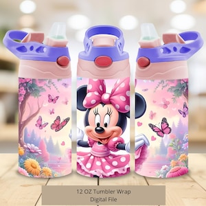3D Süßes Rosa Minnie Schmetterlinge Tumbler Design, 12oz Stitch Cup Tumbler Wrap PNG, 12oz Maus Straight Tumbler Sublimation PNG