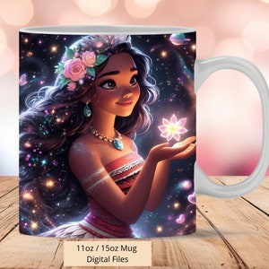 3D Cute Princess Moana Flower Shine Mug Wrap, 3D Princess Mug Wrap Sublimation Design PNG, Mug 11oz and 15oz Moana Mug Wrap, Digital Files