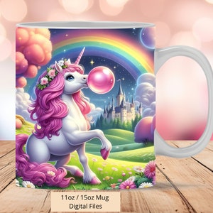Pode incluir: Uma caneca de cerâmica branca com um design colorido que apresenta um unicórnio soprando uma bolha rosa. O fundo inclui um arco-íris, um castelo e nuvens. A caneca é de 11 oz / 15 oz.