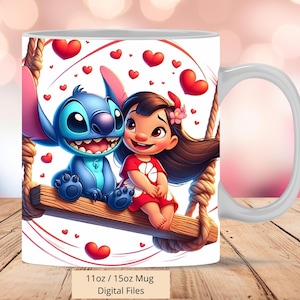 3D Cute Lilo and Stitch Love Mug Wrap, 3D Lilo Mug Wrap Sublimation Design PNG, Mug 11oz and 15oz Stitch Hearts Mug Wrap, Digital Files PNG