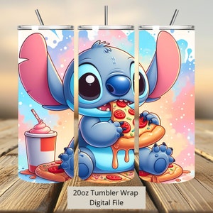 3D Stitch Eat Pizza Tumbler Wrap, 20oz Tumbler, Cartoon Tumbler Wrap, Stitch aquarel ontwerp Png, Tumbler sublimatie, digitaal bestand Png