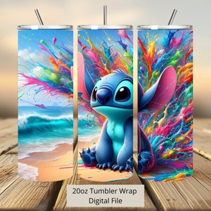 3D Stitch kleurrijke Splash Tumbler Wrap, 20oz Tumbler, Cartoon Tumbler Wrap, Stitch aquarel ontwerp Png, Tumbler sublimatie, digitaal bestand