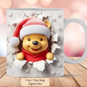 3D Winnie Pooh Weihnachten Cracked Hole Tassenverpackung, 11oz & 15oz Tassenvorlage, Tassensublimationsdesign, 3D-Tassenverpackungsvorlage, Instant Digital PNG