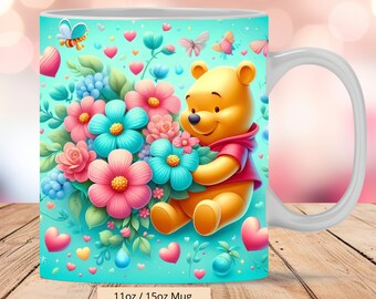 3D Winnie Pooh Flowers Mug Wrap, 11oz & 15oz Mug Template, Mug Sublimation Design, 3D Winnie Pooh Mug Wrap Template, Digital Download PNG