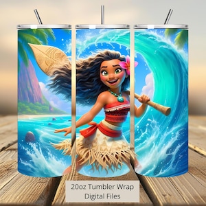 3D schattige Moana Splash Water Tumbler Wrap, Princess Tumbler Wrap Sublimatie Design PNG, 20oz Skinny Straight & Taps toelopende Moana Tumbler Wrap