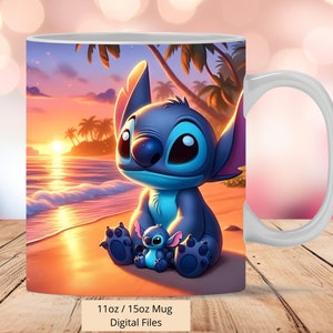3D Cute Stitch in Beach Sunset Mug Wrap, 3D Stitch Mug Wrap Sublimation Design PNG, Tasse 11oz und 15oz Stitch Mug Wrap, nur digitale Dateien