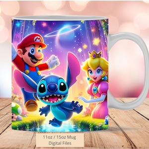 3D Süßer Mario, Pfirsich und Maschen Tassen Wrap, 11oz & 15oz Tassen Vorlage, Tassen Sublimation Design, Maschen Tassen Wrap Vorlage, Digitaler Download PNG