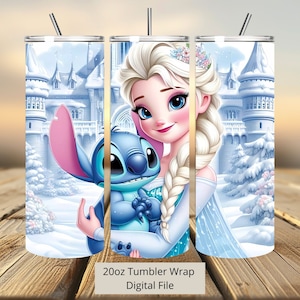 3D Süße Elsa Hugg Stitch Tumbler Wrap, Frozen Tumbler Wrap Sublimation Design PNG, 20oz Skinny Straight & Tapered Stitch Tumbler Wrap