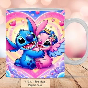3D Stitch and Angel Heart Mug Wrap, 3D Angel Mug Wrap Sublimation Design PNG, Mug 11oz and 15oz Stitch Mug Wrap