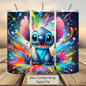 3D Stitch Bunte Splash Tumbler Wrap, Stitch Tumbler Wrap Sublimation Design PNG, 20oz Skinny Straight & Tapered Stitch Tumbler Wrap