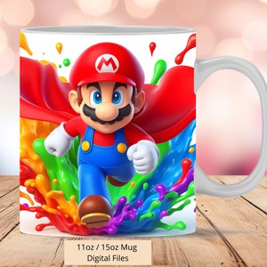 3D Super Mario Splash Tassenverpackung, 11oz & 15oz Tassenvorlage, Tassensublimationsdesign, 3D Mario Tassenverpackungsvorlage, sofortiger digitaler Download PNG