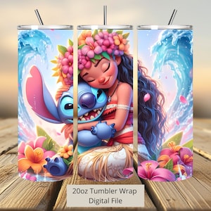 3D Moana Love Stitch Tumbler Wrap, Princess Tumbler Wrap Sublimation Design PNG, 20oz Skinny Straight & Tapered Stitch Tumbler Wrap