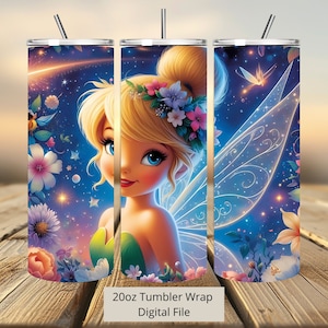 3D uroczy Tinkerbell Tumbler Wrap, Princess Tumbler Wrap sublimacyjny projekt PNG, 20 uncji Chudy prosty i zwężany Tinkerbell Tumbler Wrap
