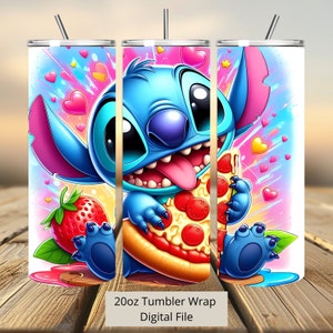3D Stitch Eat Pizza Tumbler Wrap, 20oz Tumbler, Cartoon Tumbler Wrap, Stitch aquarel ontwerp Png, Tumbler sublimatie, digitaal bestand Png