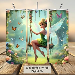 3D schattige Tinkerbell Tumbler Wrap, Princess Tumbler Wrap Sublimatie Design PNG, 20oz Skinny Straight & Taps toelopende Fairy Vlinders Tumbler Wrap