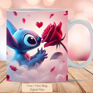 3D Cute Stitch Red Flower Mug Wrap, 3D Love Mug Wrap Sublimation Design PNG, Mug 11oz and 15oz Stitch Mug Wrap, Only Digital Files