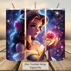 3D Princess Belle Flower Tumbler Wrap, Princess Tumbler Wrap Sublimatie Design PNG, 20oz Skinny Straight & Taps toelopende Belle Tumbler Wrap