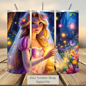 3D schattige Rapunzel Tumbler Wrap, Princess Tumbler Wrap sublimatie ontwerp PNG, 20oz skinny rechte en taps toelopende Rapunzel bloemen Tumbler Wrap