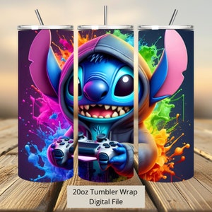 3D Stitch Gamer Tumbler Wrap, 20oz Tumbler, Cartoon Tumbler Wrap, Stitch Aquarel Ontwerp Png, Tumbler Sublimatie, Digitaal Bestand Png