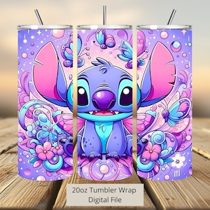 3D Stitch Blumen Tumbler Wrap, Stitch Schmetterling Tumbler Wrap Sublimation Design PNG, 20oz Skinny Straight & Tapered Stitch Tumbler Wrap