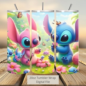 3D Stitch and Angel Tumbler Wrap, Angel Tumbler Wrap Sublimation Design PNG, 20oz Skinny Straight & Tapered Stitch Tumbler Wrap