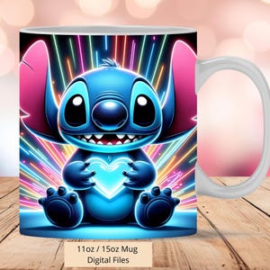 3D Cute Stitch Love Hearts Mug Wrap, 3D Mug Wrap Sublimation Design PNG, Mug 11oz and 15oz Stitch Mug Wrap, Only Digital Files