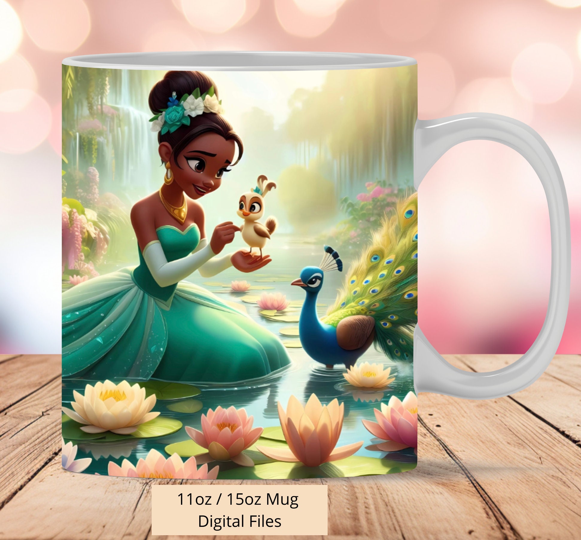 3D Enchanted Princess Tiana in Lake Mug Wrap, 3D Princess Mug Wrap Sublimation Design PNG, Mug 11oz and 15oz Tiana Peacocks Mug Wrap