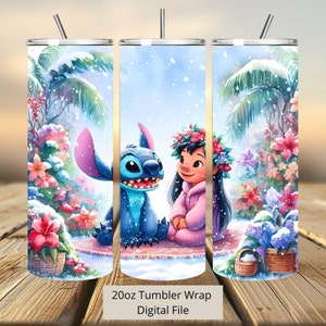 Lilo 3D y puntada en envoltura de vaso de nieve, diseño de sublimación de envoltura de vaso de puntada PNG, envoltura de vaso Lilo recto y cónico delgado de 20 oz