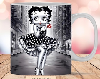 3D Cute Betty Black and White Kiss Mug Wrap, 3D Mug Wrap Sublimation Design PNG, Mug 11oz and 15oz Betty Mug Wrap, Instant Digital File Png