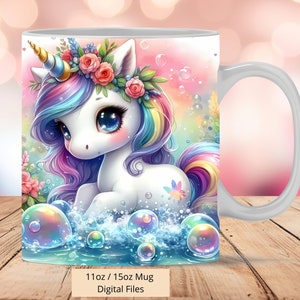 3D-Einhorn-Blasen-Tassenverpackung, 11oz & 15oz-Tassenvorlage, Tassensublimationsdesign, 3D-Bubbles-Tassenverpackungsvorlage, sofortiger digitaler Download PNG