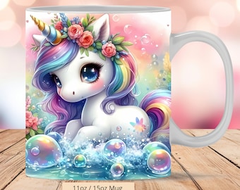 May include: A white ceramic mug with a colorful illustration of a unicorn with a rainbow mane and tail. The unicorn is surrounded by bubbles and flowers. The mug is 11 oz or 15 oz and is available as a digital file.