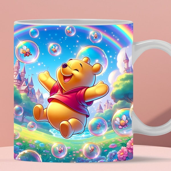 3D Winnie Pooh Mug Wrap, 11oz & 15oz Mug Template, Mug Sublimation Design, 3D Bubble Rainbow Mug Wrap Template, Instant Digital Download PNG